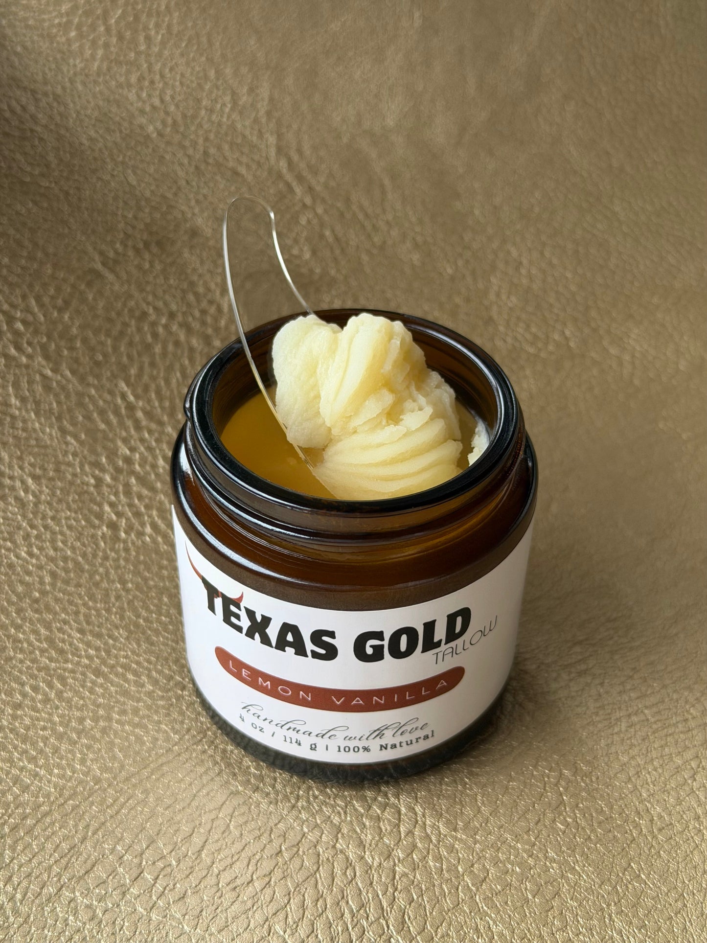 Texas Gold Tallow Lemon Vanilla whipped tallow balm in amber jar, grass-finished beef tallow skin care made in Texas