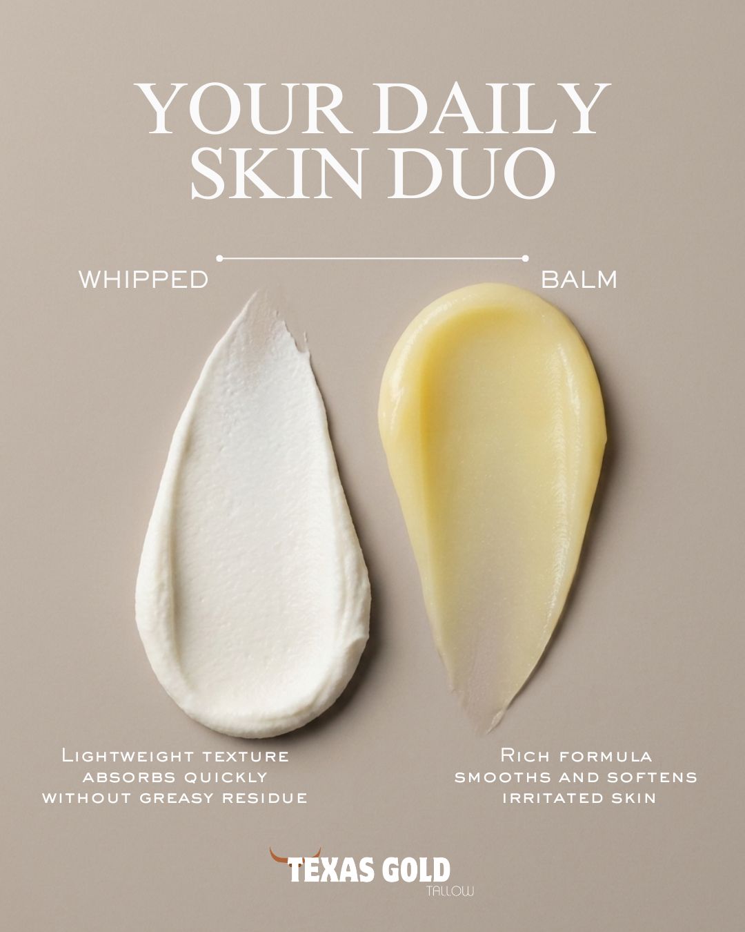 Whipped tallow balm vs firm tallow balm texture comparison showing lightweight whipped FLUFF and rich grass-finished tallow balm by Texas Gold Tallow