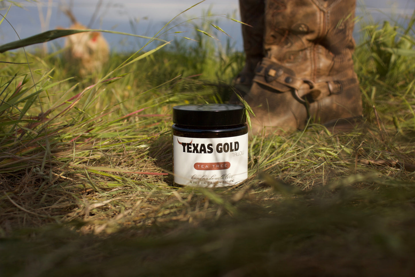 Texas Gold Tallow tea tree bomb on a pasture with brown cowboy boots in the background next to a cow