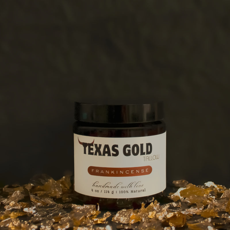 Texas Gold Tallow Frankincense grass fed and grass finished Beef Tallow balm in 4oz glass jar with gold flakes