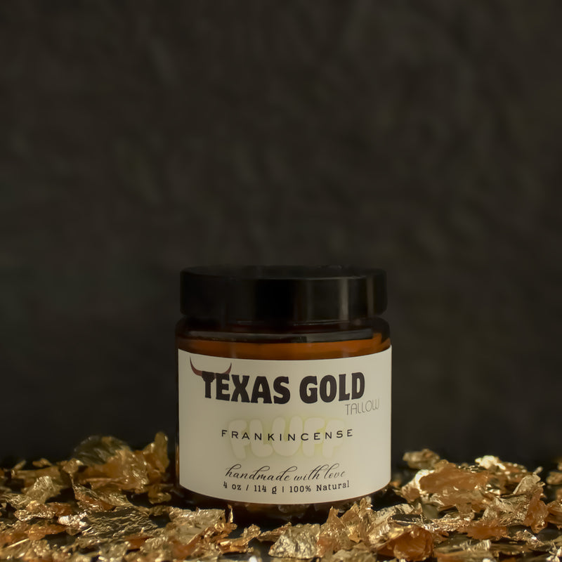 Texas Gold Tallow Frankincense FLUFF whipped grass fed and grass finished beef tallow in 4oz glass jar with gold flakes