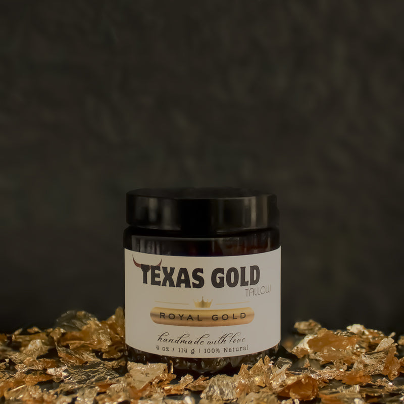 Texas Gold Tallow Royal Gold Frankincense and Vanilla grass fed and grass finished beef tallow balm in 4oz glass jar with gold flakes