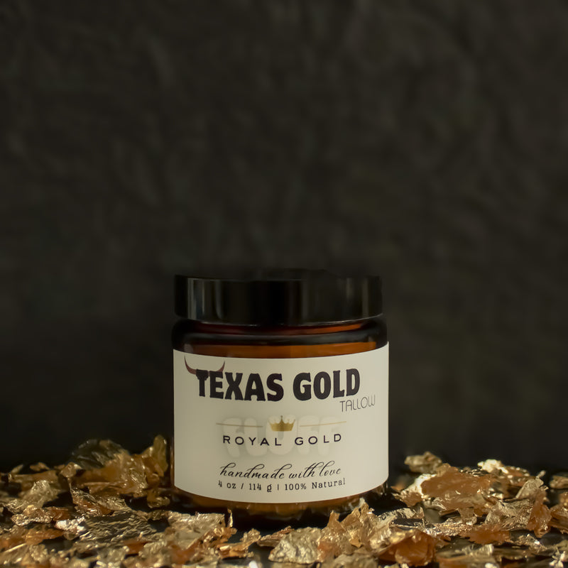 Texas Gold Tallow Royal Gold FLUFF whipped Frankincense and Vanilla grass fed and grass finished beef tallow in 4oz glass jar with gold flakes