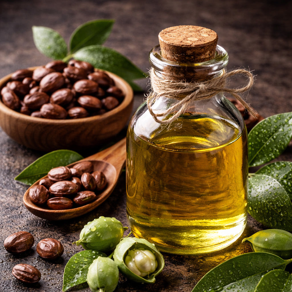 Bottle of jojoba oil with a cork lid, surrounded by green leaves and wooden bowls of jojoba seeds on a dark surface.