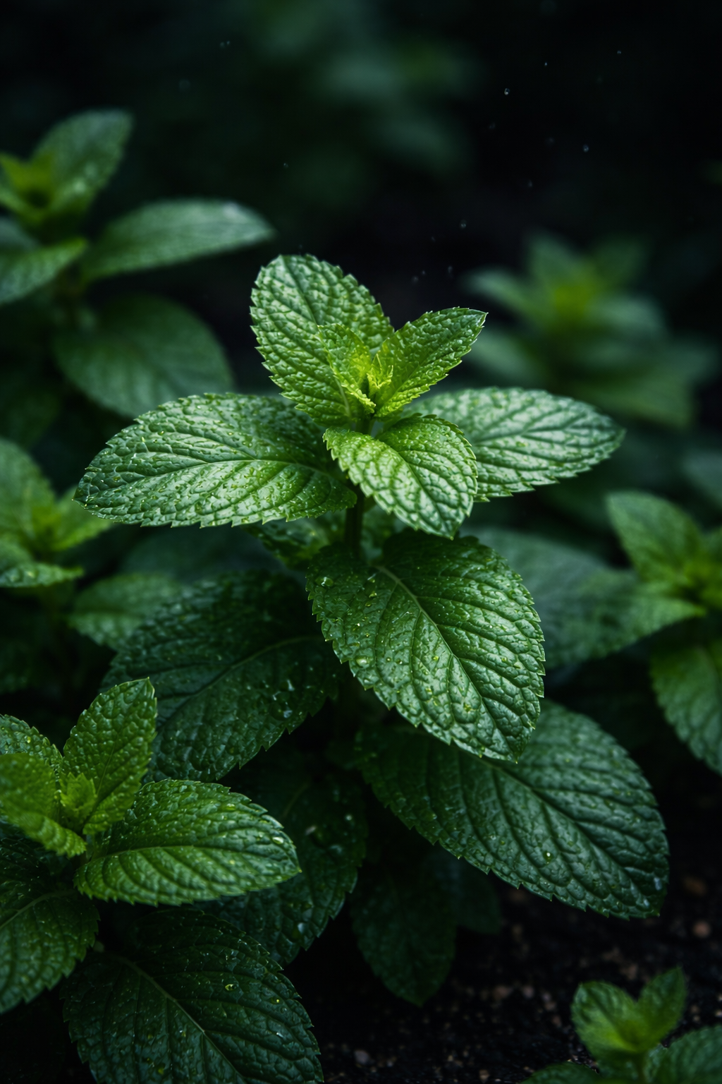 Close-up of green peppermint leaves with a dark background